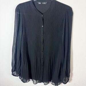 Zara Black Pleated Sheer Button Down Blouse Long Sleeve Women's Size Large